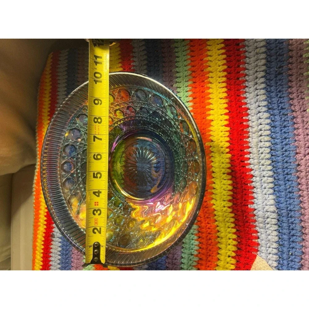 Vintage  Glass Blue Iridescent Carnival Glass Button and Cane  Salad Bowl